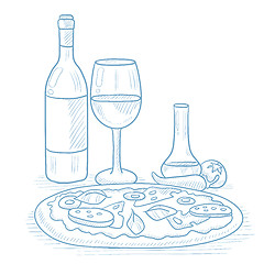 Image showing Dinner with wine and pizza.