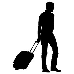 Image showing Black silhouettes travelers with suitcases on white background.