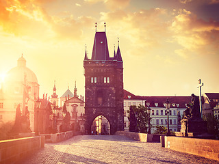 Image showing Charles bridge tower in Prague on sunrise