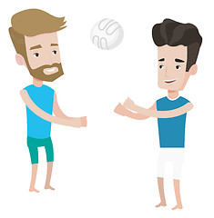 Image showing Two men playing beach volleyball.