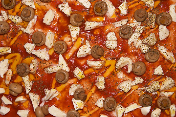 Image showing Close-up surface of a mushroom and mozzarella pizza