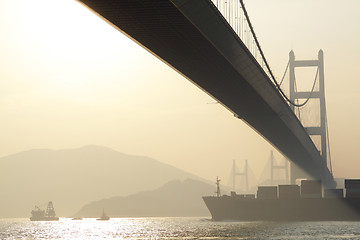 Image showing bridge at sunset moment, Tsing ma bridge 
