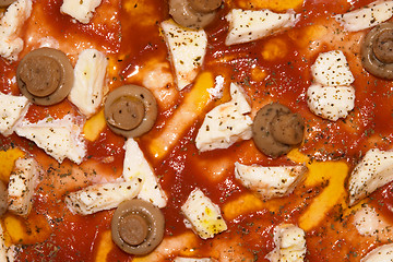 Image showing Close-up surface of a mushroom and mozzarella pizza