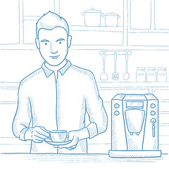 Image showing Man making coffee vector sketch illustration.