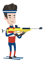 Image showing Cheerful biathlon runner aiming at the target.