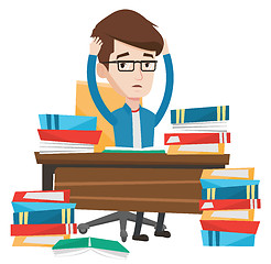 Image showing Student sitting at the table with piles of books.