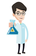 Image showing Scientist holding flask with biohazard sign.