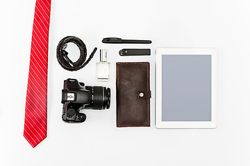 Image showing Still life of casual man. Modern male accessories and laptop