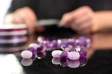 Image showing Corals, purple marble Amethyst, a beautiful purple necklace