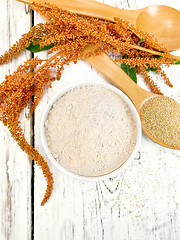 Image showing Flour amaranth in white bowl with spoon on board top