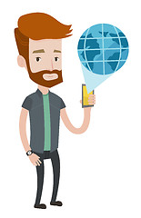 Image showing Man holding smartphone with virtual globe model.