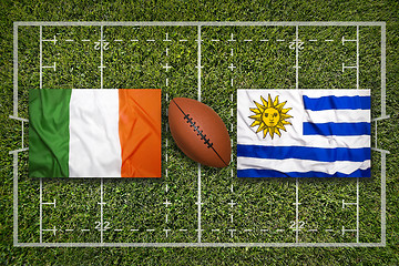 Image showing Ireland vs. Uruguay flags on rugby field