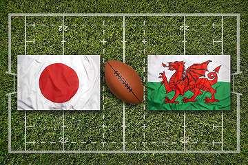 Image showing Ireland vs. Scotland\r\rJapan vs. Wales flags on rugby field