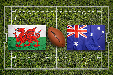 Image showing Wales vs. Australia flags on rugby field