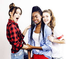 Image showing diverse multi nation girls group, teenage friends company cheerful having fun, happy smiling, cute posing isolated on white background, lifestyle people concept, african-american and caucasian 