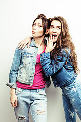 Image showing best friends teenage girls together having fun, posing emotional on white background, besties happy smiling, lifestyle people concept 