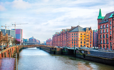 Image showing Hamburg city canal and red brick buildings