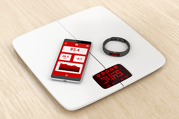 Image showing Weight scale, smartphone and activity tracker