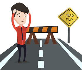 Image showing Businessman looking at road sign dead end.