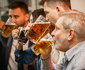 Image showing Group of friends enjoying evening drinks with beer