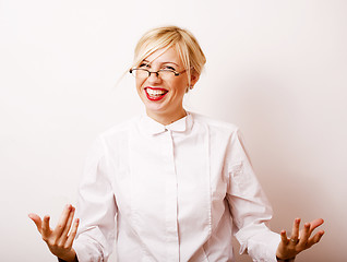 Image showing very emotional businesswoman in glasses, blond hair on white bac