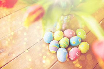 Image showing close up of easter eggs and flowers in bucket