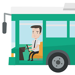 Image showing Caucasian bus driver sitting at steering wheel.