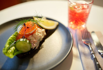 Image showing close up of toast skagen with caviar and bread