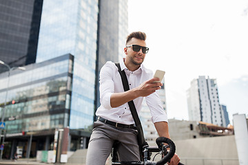 Image showing man with bicycle and smartphone on city street