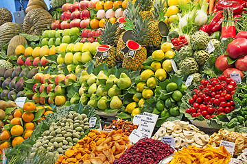Image showing Many various fruit and vegetables at a market stall in Barcelona