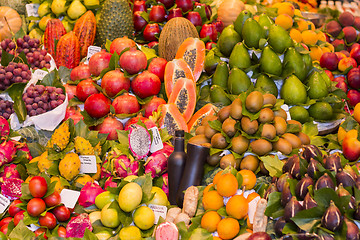 Image showing Many various Fresh fruit at a market stall in Barcelona