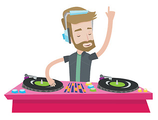 Image showing DJ mixing music on turntables vector illustration.