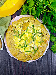 Image showing Pie of pumpkin and cheese whole on board top