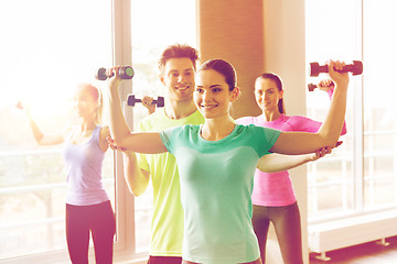 Image showing group of smiling people exercising with dumbbells