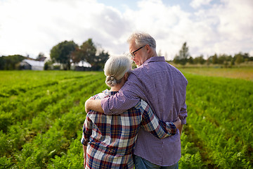 Image showing happy senior couple at summer farm