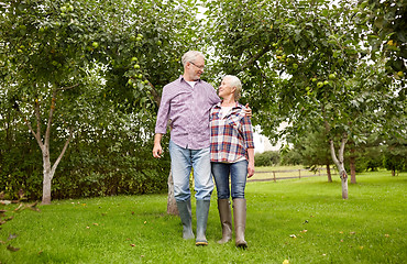 Image showing happy senior couple hugging at summer garden