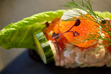Image showing close up of toast skagen with caviar and bread
