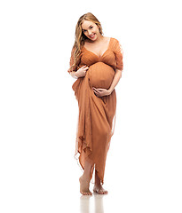 Image showing happy pregnant woman touching her big belly