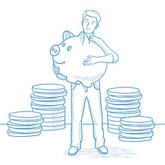 Image showing Businessman holding a big piggy bank.