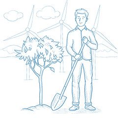 Image showing Man plants tree vector sketch illustration.