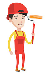 Image showing Painter holding paint roller vector illustration.