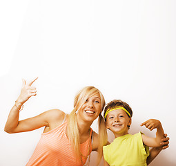 Image showing funny mother and son with bubble gum