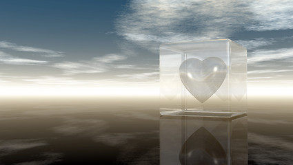 Image showing heart symbol in glass cube under cloudy sky - 3d rendering