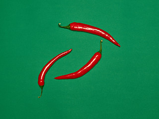 Image showing bitter chili pepper and paprika on a green background