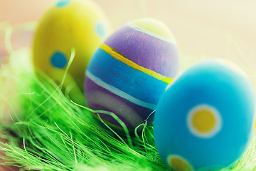 Image showing close up of colored easter eggs and grass