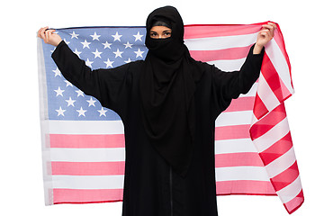 Image showing muslim woman in hijab with american flag