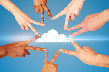 Image showing hands showing peace hand sign over cloud icon