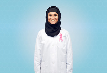 Image showing muslim doctor with breast cancer awareness ribbon