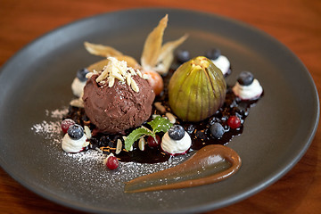 Image showing close up of chocolate ice cream dessert on plate