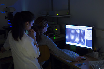 Image showing Life science researcher microscoping in genetic scientific laboratory.